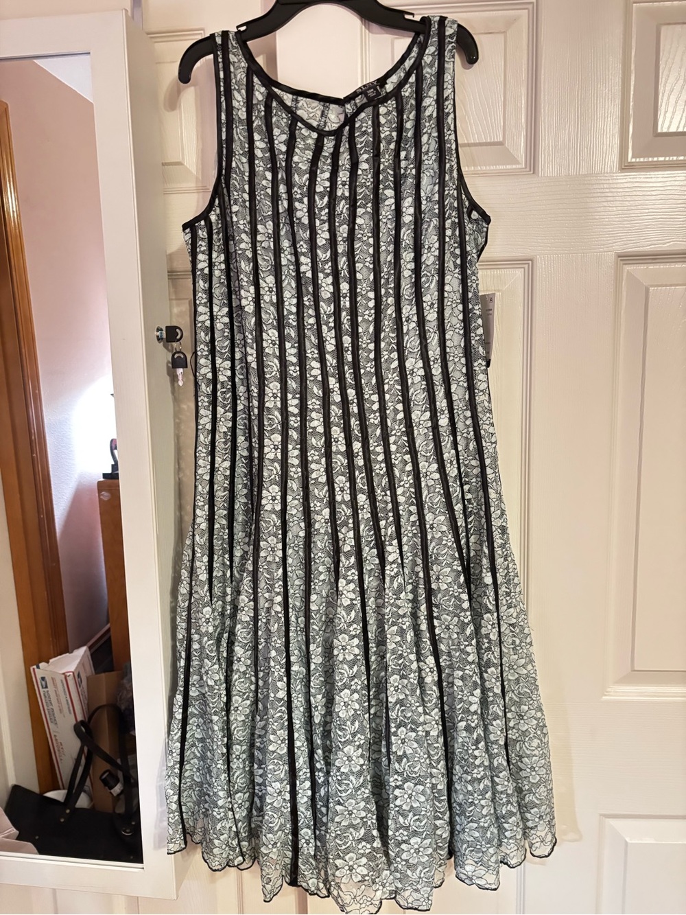 NWT SLNY with Green & Ivory Lace Overlay with Black Trim Floral A-Line Dress
